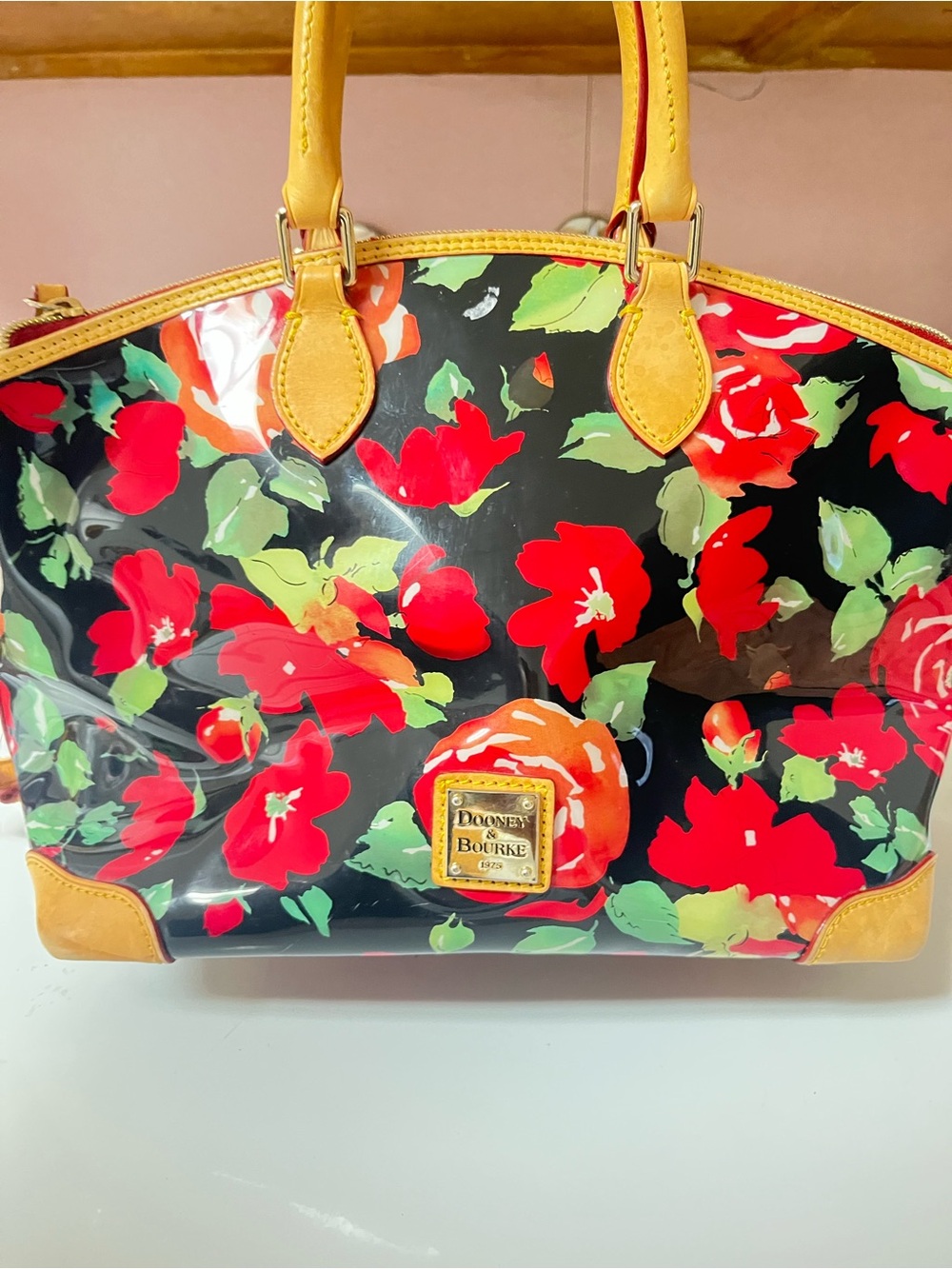 Dooney & Bourke Black Patent Floral Tote with Red and Green Accents